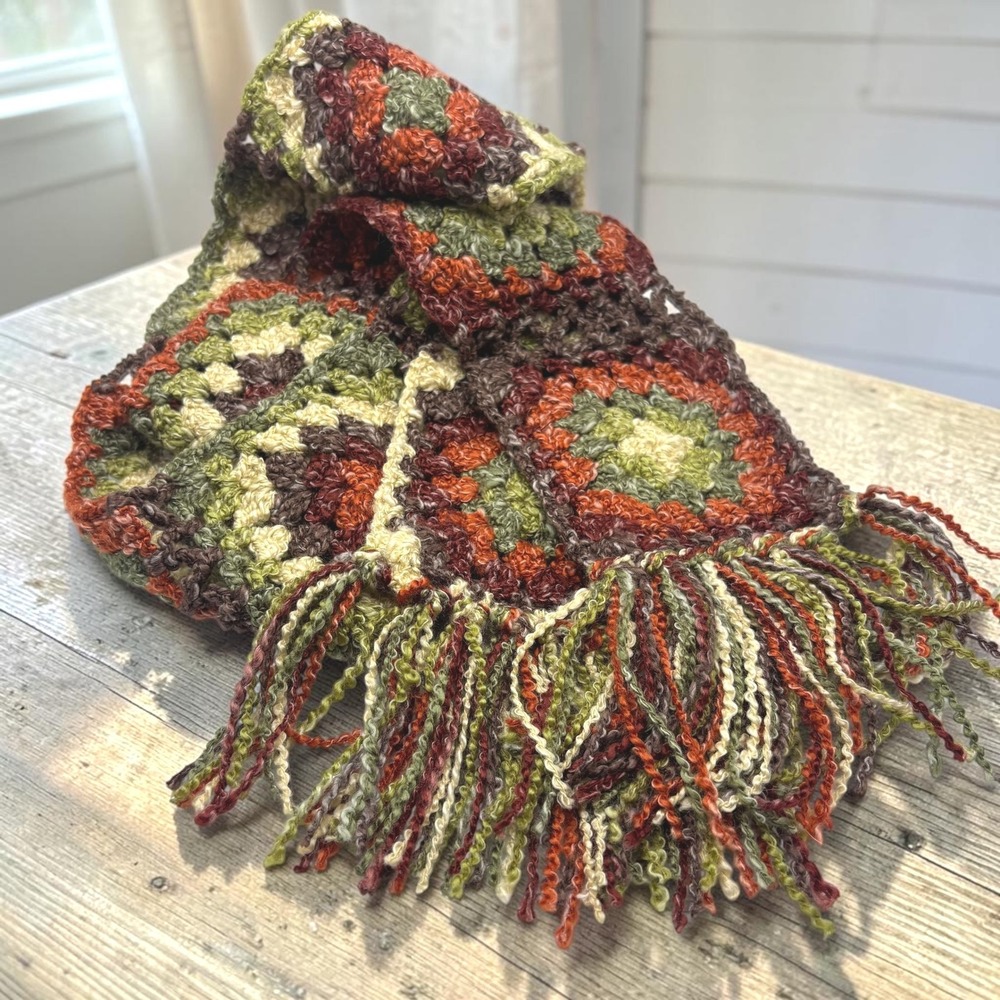 Vintage Crochet Granny Square Scarf Multi Earth Tones Acrylic Wool Blend Boho